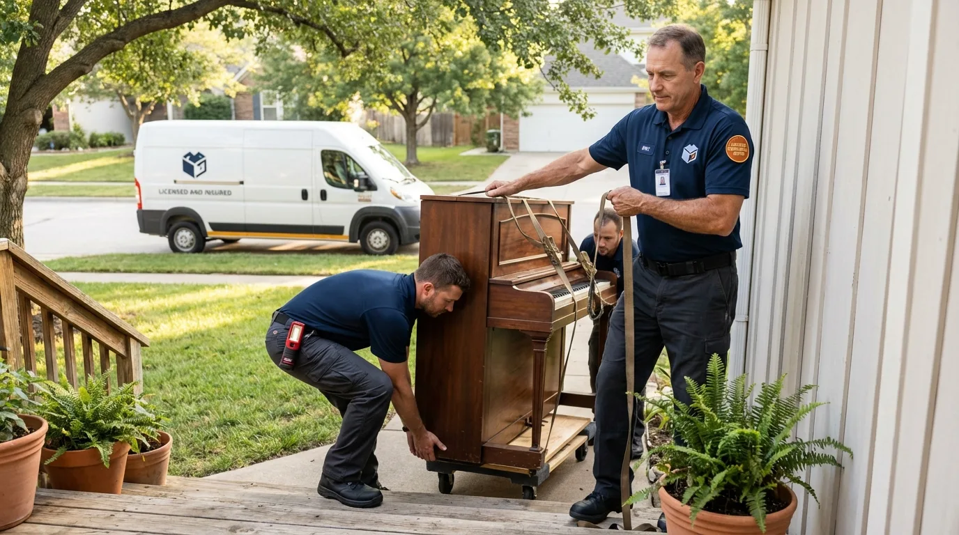 Licensed piano movers securing grand piano in Dahlonega, GA