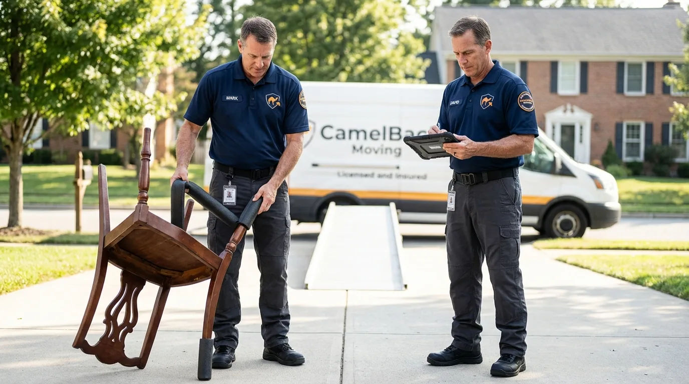 Movers inspecting furniture for damage prevention before loading in Dahlonega, GA