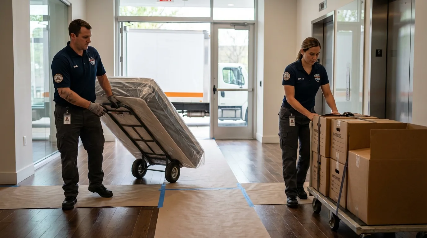 Professional apartment movers loading elevator in Dahlonega, GA